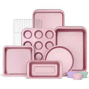 Baking Pans Sets, Nonstick Bakeware Sets 7-Piece with Round/Square Cake Pan, Loaf Pan, Muffin Pan, Cookie Sheet, Roast Pan, Cooling Rack, Carbon Steel Bake Set Pink
