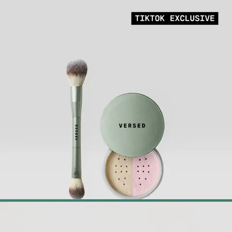 Versed Smooth Finish Setting Powder & Face Perfector Powder Brush Duo – Hydrating, Blurring Face Powder to Set Makeup Without Caking + Makeup Brush for Loose or Pressed Powder – Blurs and Brightens for a Smooth, Skin-Like Finish – Vegan & Cruelty-Free