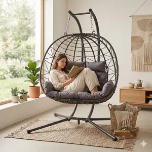 Double Hanging Egg Chair wth Stand, Patio Hammock Swing Chair with Cushion Loveseat for Bedroom, Balcony, Garden, Indoor, Outdoor,(Grey)