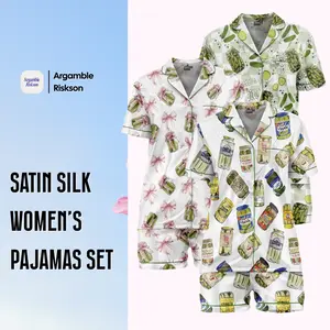 Vintage Canned Pickles Satin Silk Pajama Set – Homewear, Loungewear, Soft and Alluring Nightwear, Gift for Her, Valentime Gift, Ideal Gift for Mom Womenswear Casual