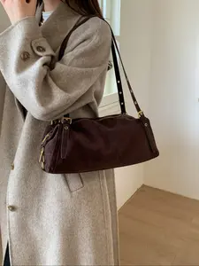 Women's Fashion Suede Single Shoulder Bag, Embellished Shoulder Bag, Vintage Rivet Decor Handbag, Dual Handle Strap, Zip Closure, Ideal for Office, School, Work, Travel