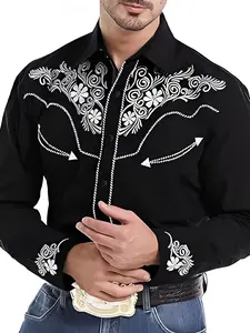 Men's Retro Western Style Embroidered Shirt with Exquisite White Floral Design High-Quality Fabric for Mature Stylish Casual Look Long Sleeve Menswear Vibe Overall Top
