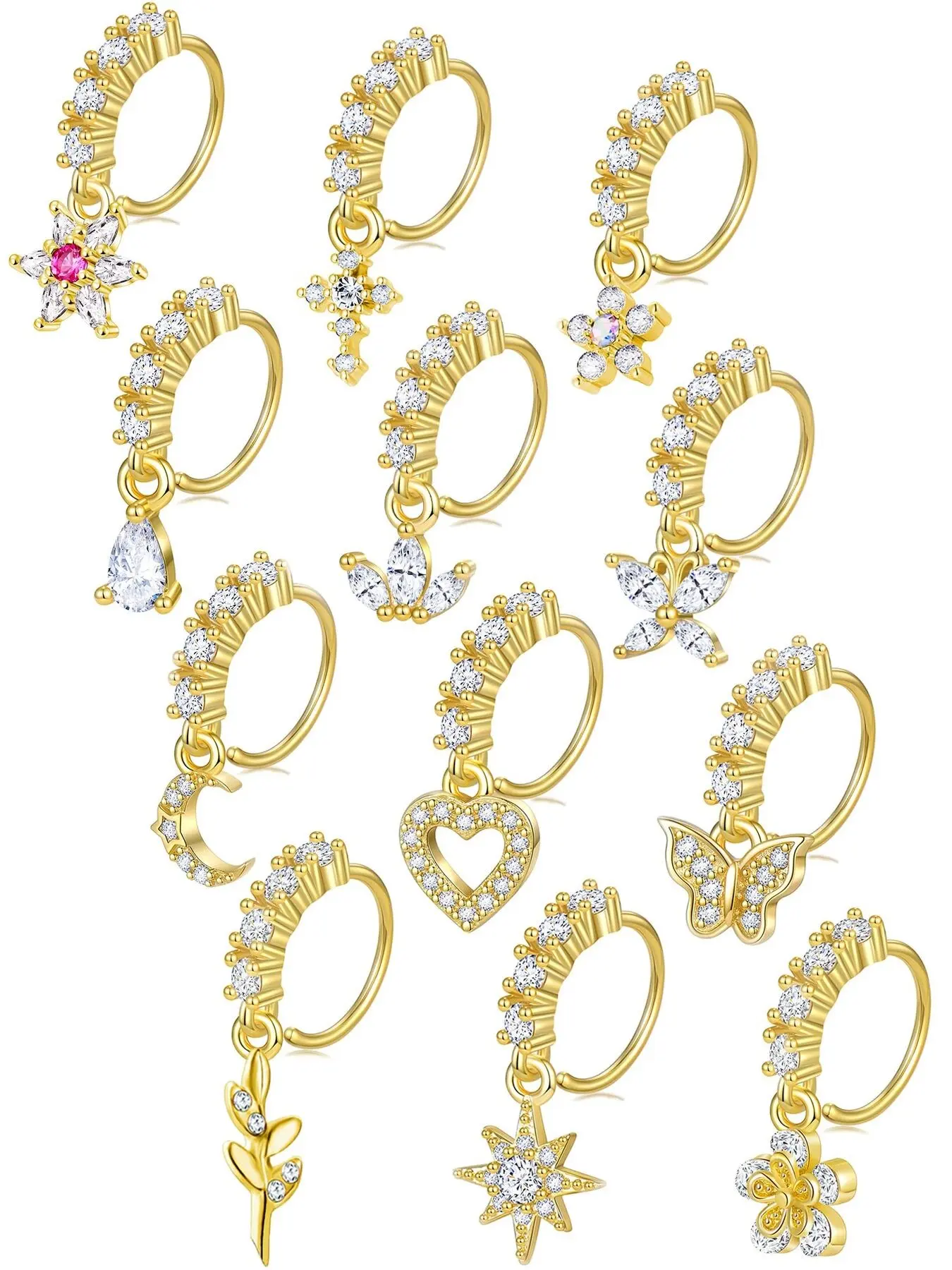 12Pcs Nose Ring Hoop Cartilage Earring Cute Leaf Star CZ Butterfly Paved Chic Body Jewelry Nose Piercing Jewelry Nose Rings Hoops for Women men Silver Gold Plated 20G
