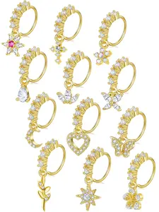 12Pcs Nose Ring Hoop Cartilage Earring Cute Leaf Star CZ Butterfly Paved Nose Piercing Jewelry for Women men Silver Gold Plated 20G