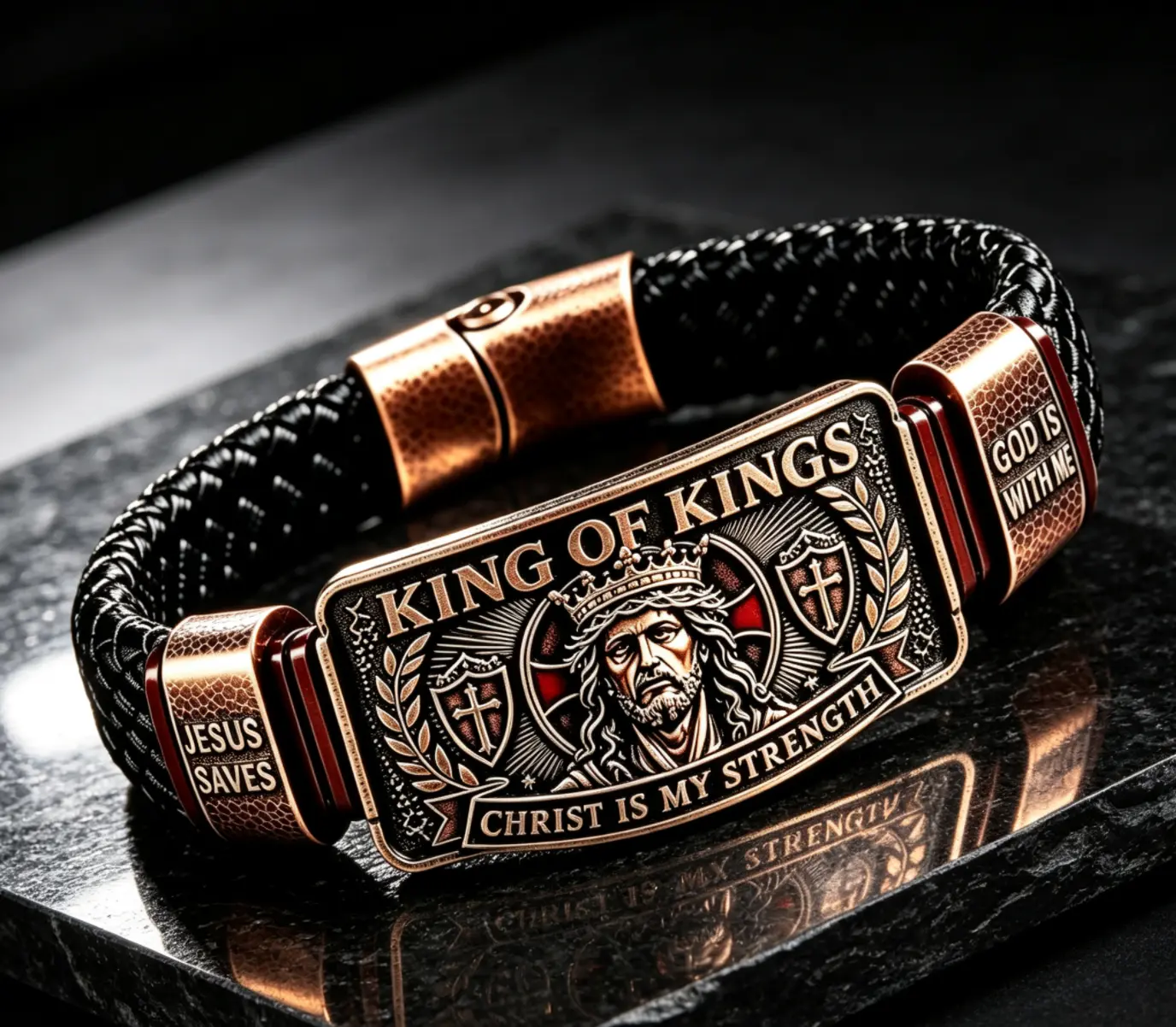 King of Kings Jesus Braided Leather Bracelet Christian Faith Jewelry
