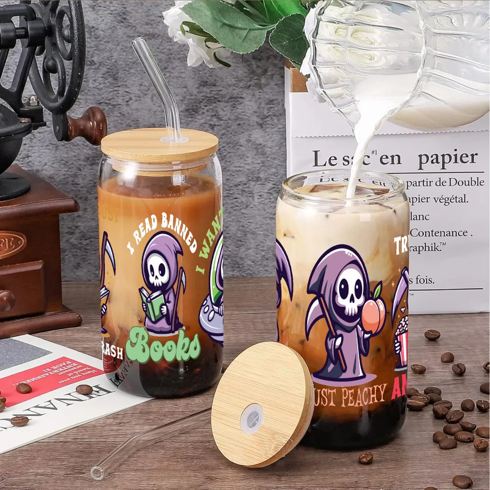 5 Sheets Skull Pattern UV DTF Stickers UV DTF Transfer Stickers for Glass Cups Glass DTF Transfer Stickers for 16 oz Tumbler Mug Decoration Gift UV DTF Stickers