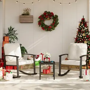 oneinmil 3-Piece Outdoor Rocking Bistro Set, Patio Furniture Set with Coffee Table and Thick Cushions, Wicker Rocking Chairs Set of 2 for Garden, Balcony, Backyard, Poolside (Beige)