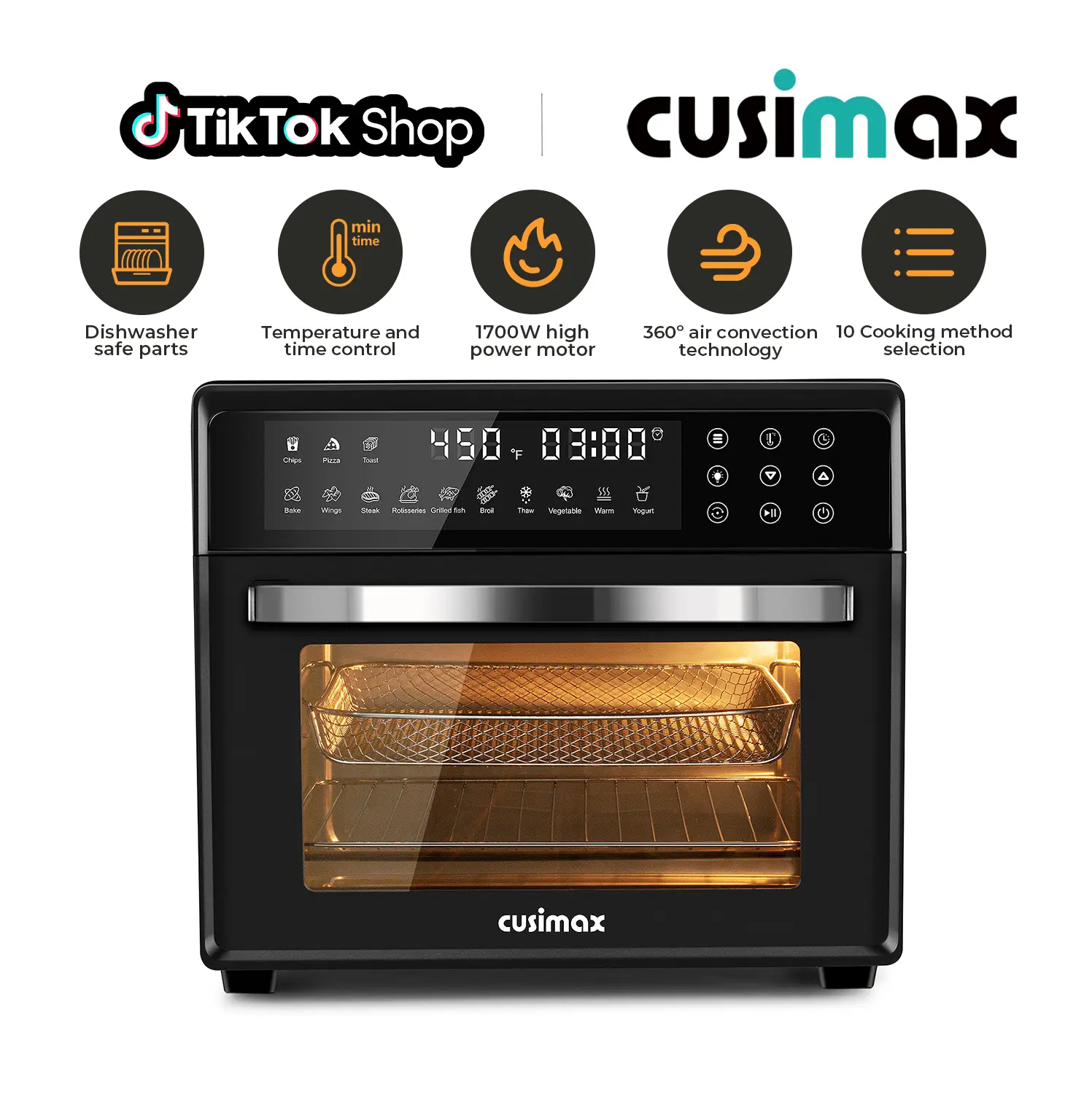 CUSIMAX 10-in-1 Air Fryer Oven & Convection Toaster Bundle: 24QT Family-Size with 7 Accessories, Air Fry/Roast/Bake/Dehydrate/Reheat, Stainless Steel, Less Oil Healthy Cooking,SummerFinds Baking Oven,SummerFinds tiktokshopbacktoschool