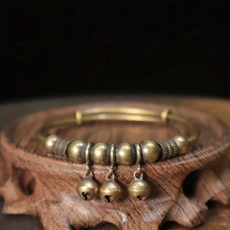 Women's Retro Geometric Adjustable Fit Bangle - Antique Bronze Beaded Arm Candy Accessory with Luminescent Bell Pendant, Daily Fashion Jewelry, Friendship Gift for Females (Include Dimensions Note)