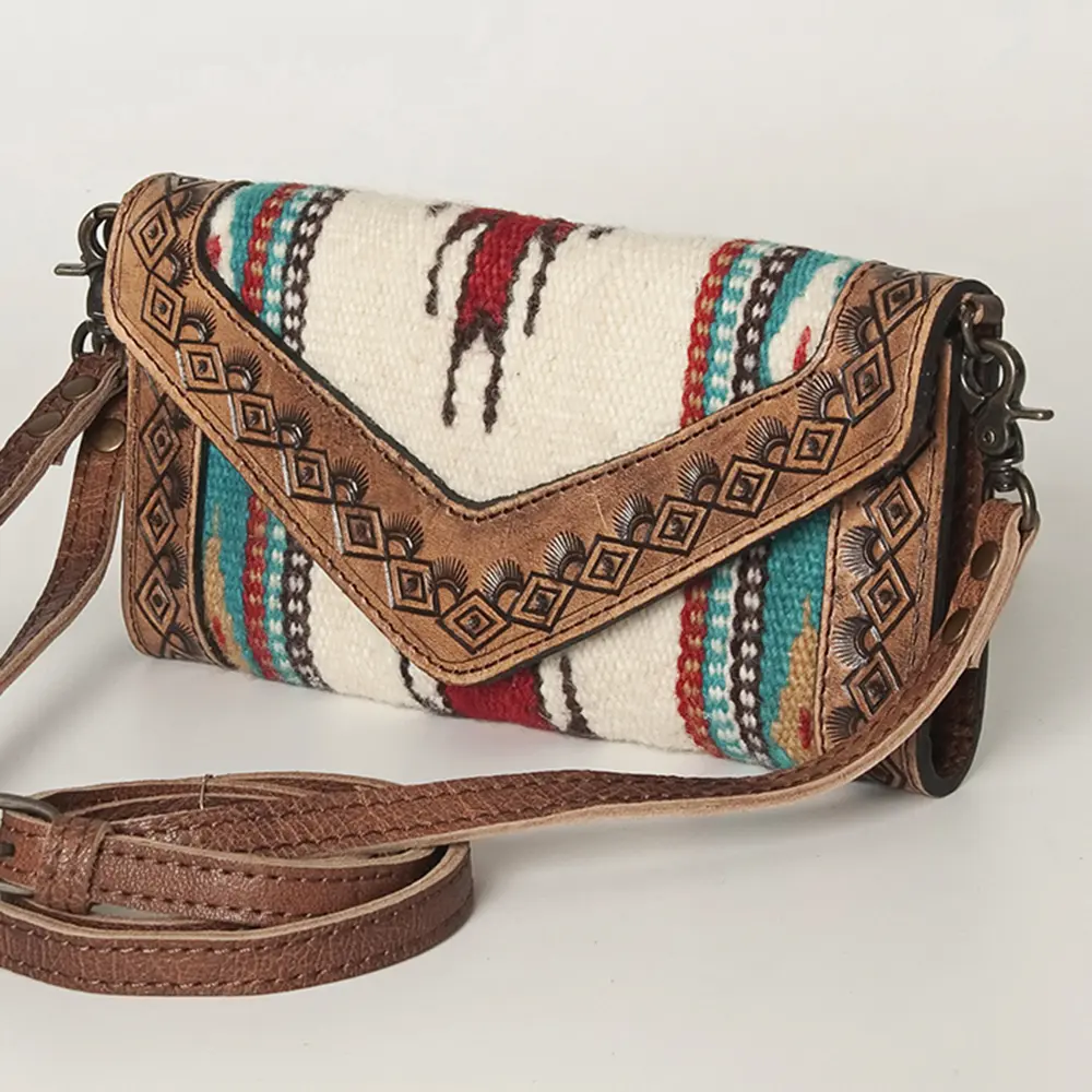 American Darling Envelope Western Hand Tooled Genuine Leather and Saddle Blanket Purse with Wristlet and YKK Zipper