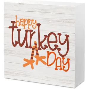 Farmhouse Thanksgiving Decor, Happy Turkey Day Sign Thanksgiving Decor Turkey Decorations Sign, Rustic Thanksgiving Sign Decorations for Home Office Desk Shelf Cubicle Decor 5 x 5 inch