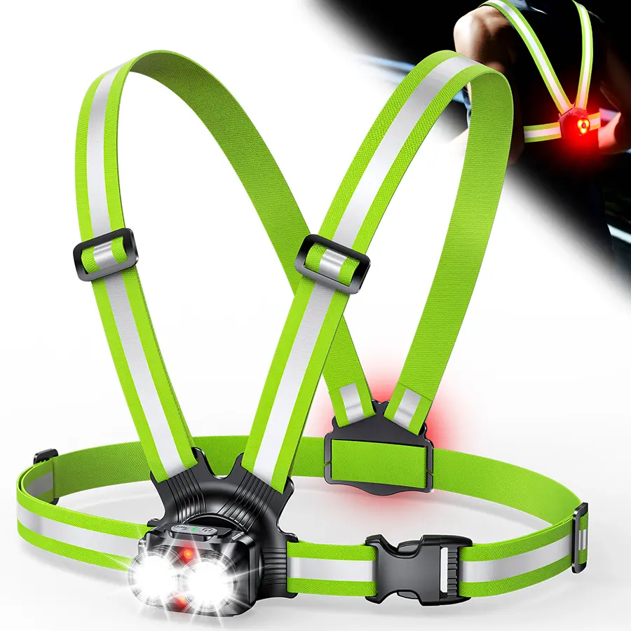 LED Running Chest Light for Men Women, 800 Lumen Reflective Straps with Secure Dual-Shoulder Support, USB Charging Front & Rear LED Lights, IPX5 Waterproof for Outdoors Hiking