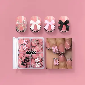 96-Piece Short Square Nail Art Set, Leopard Print Butterfly Design with Glossy Finish, Includes Jelly Glue and Nail File, No Glue Needed