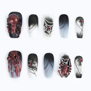 3D Dark Style Multicolor Acrylic Handmade Nail Press Ons Medium Coffin Press Black Nails with Spider Playful Charm