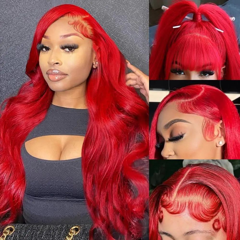 Dachic Hair Hot Red Body Wave Wig 13x6 HD Lace Frontal Human Hair 180% Density 613 Blonde Pre Plucked Colored Wig HD lace Front 99J Burgundy Wig Human Hair P4/27 Highlight Natural Hairline Body Wave for Women