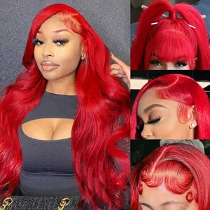 Dachic Hair Hot Red Body Wave Wig 13x6 HD Lace Frontal Human Hair 180% Density 613 Blonde Pre Plucked Colored Wig HD lace Front 99J Burgundy Wig Human Hair P4/27 Highlight Natural Hairline Body Wave for Women