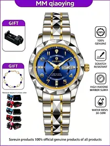 Women's Luxury Business Casual Watch, Business Fashion Watches, Steel Band, Blue Dial, Dual Calendar, High-End Fashionable Ladies Wristwatch