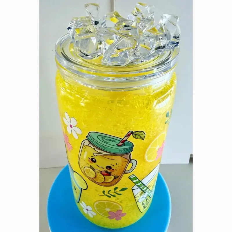 Bright Sunny Lemonade Slushie Snowglobe Tumbler Cup with Faux Ice Lid 16oz