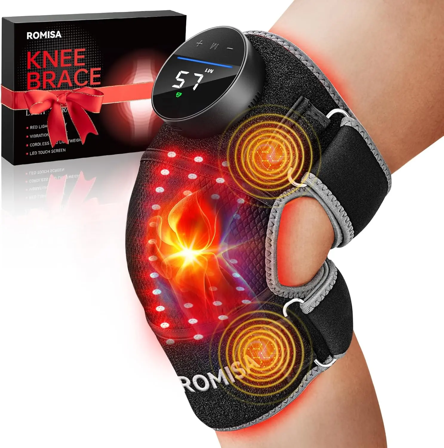 ROMISA Red Light Therapy Knee Brace Vibration Knee Massage for Pain Relief, 660Nm&850Nm Rechargeable near Infrared Light Therapy Device for Knee/Elbow/Shoulder Faster Recovery for Cordless Use