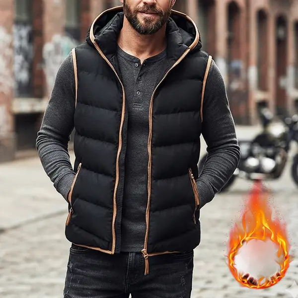 Men's Padded Hooded Vest, Thermal Sleeveless Puffer Jacket, Streetwear Loose-Fit Outerwear, Casual Autumn and Winter Zip-Up Bodywarmer with Warm Fleece Lining, Windproof Sports Vest with Pockets