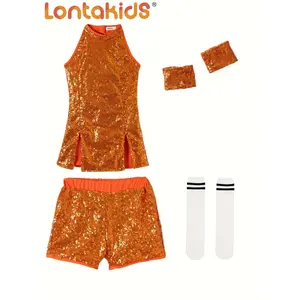 Girls Christmas Sequin Dance Set Lontakids 4pcs Glitter Hip Hop Jazz Sleeveless Dress with Shorts Socks Arm Cuffs Daughter Xmas Gift Outdoor Performance Outfit