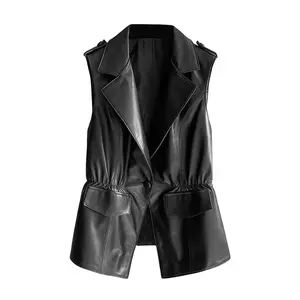 Women's Leather Vest Black Genuine Sheepskin Notched Lapel Collar Leather Sleeveless Vest by Hide Crafts
