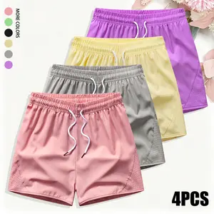 4-pack women’s casual athletic solid-color drawstring shorts featuring breathable mesh design; suitable for running, gym, and indoor/outdoor cycling; breathable fabric summer women’s sports shorts summervibes