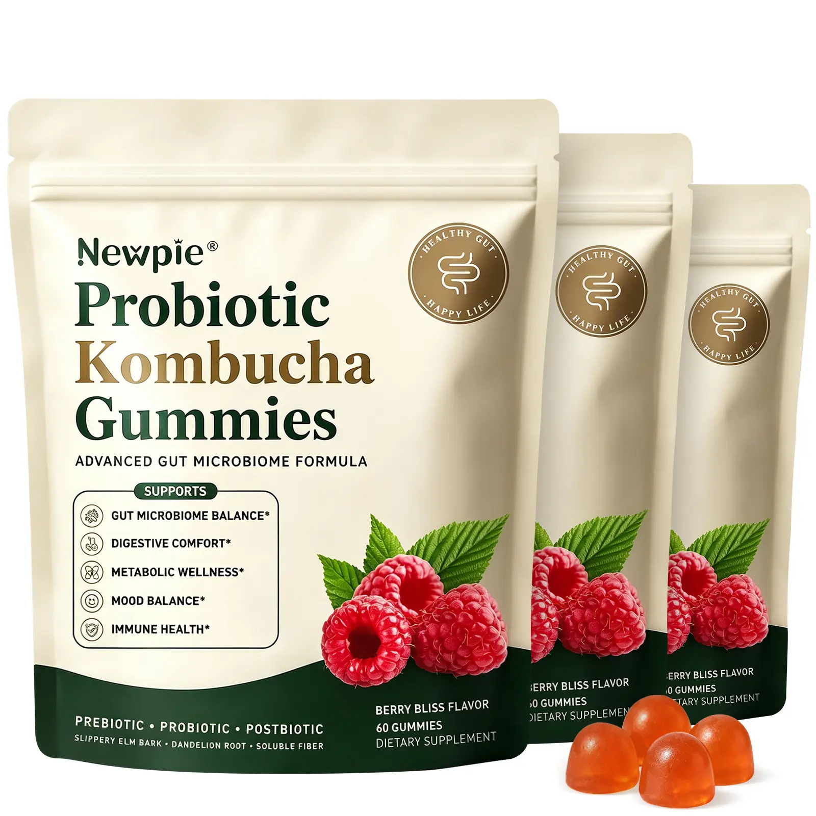 Probiotic Gummies, Gut Health & Digestive Support, Kombucha + Prebiotic + Postbiotic Supplement, Berry Flavor, 60 Gummies