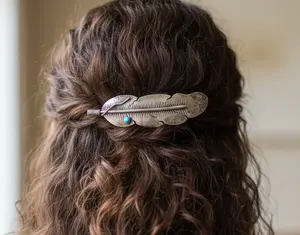 Handcrafted Southwestern Sterling Silver Eagle Feather Hair Clip Turquoise Stone Accent - Antique Eagle Feather Sterling Hairclip Turquoise Stone