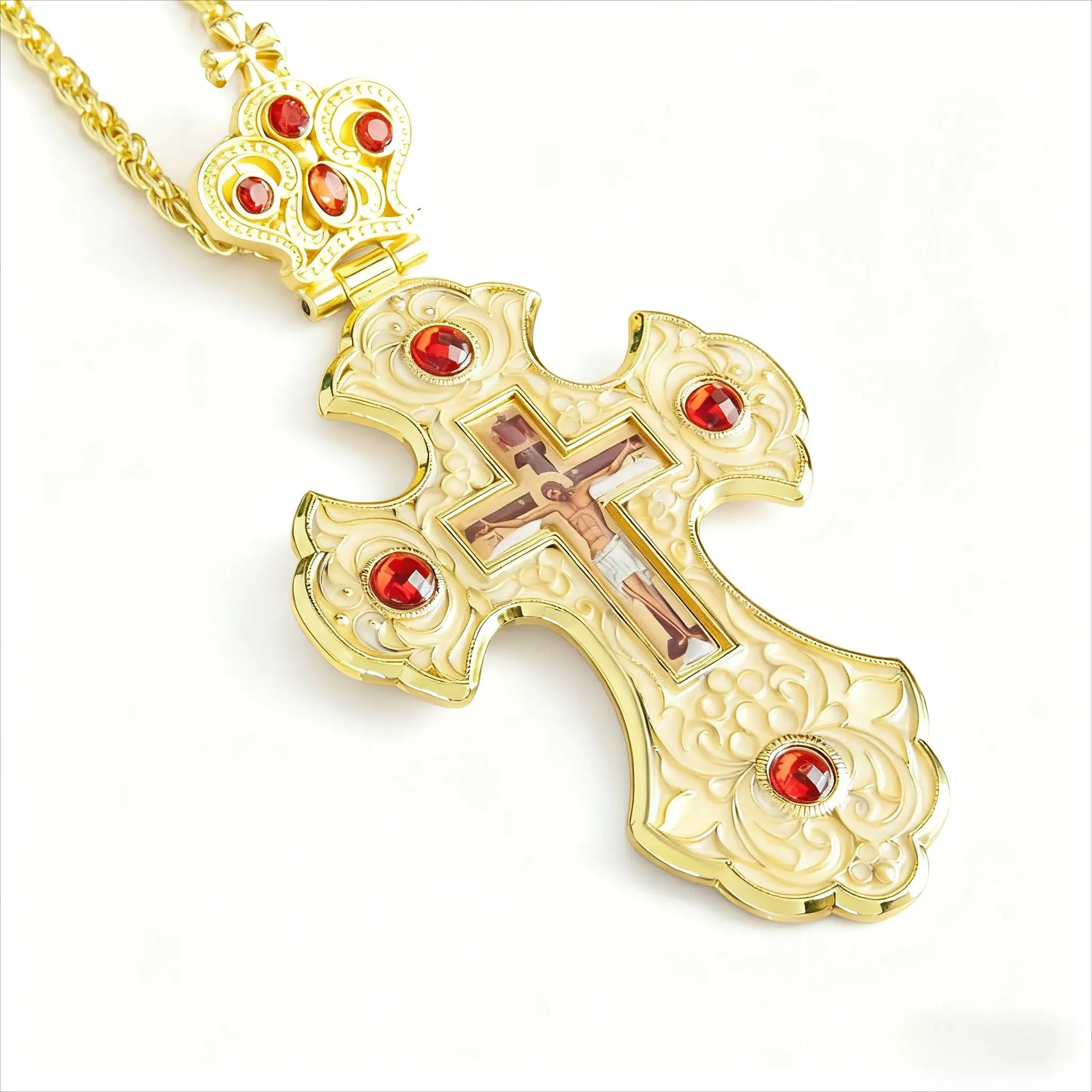 Orthodox Priest Cross Necklace, Gold Plated Pectoral Cross with Red Crystals, Large Christian Crucifix Cross Design Pendant for Clergy and Religious Gifts, Neck Jewelry