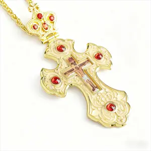 Orthodox Priest Cross Necklace, Gold Plated Pectoral Cross with Red Crystals, Large Christian Crucifix Pendant for Clergy and Religious Gifts