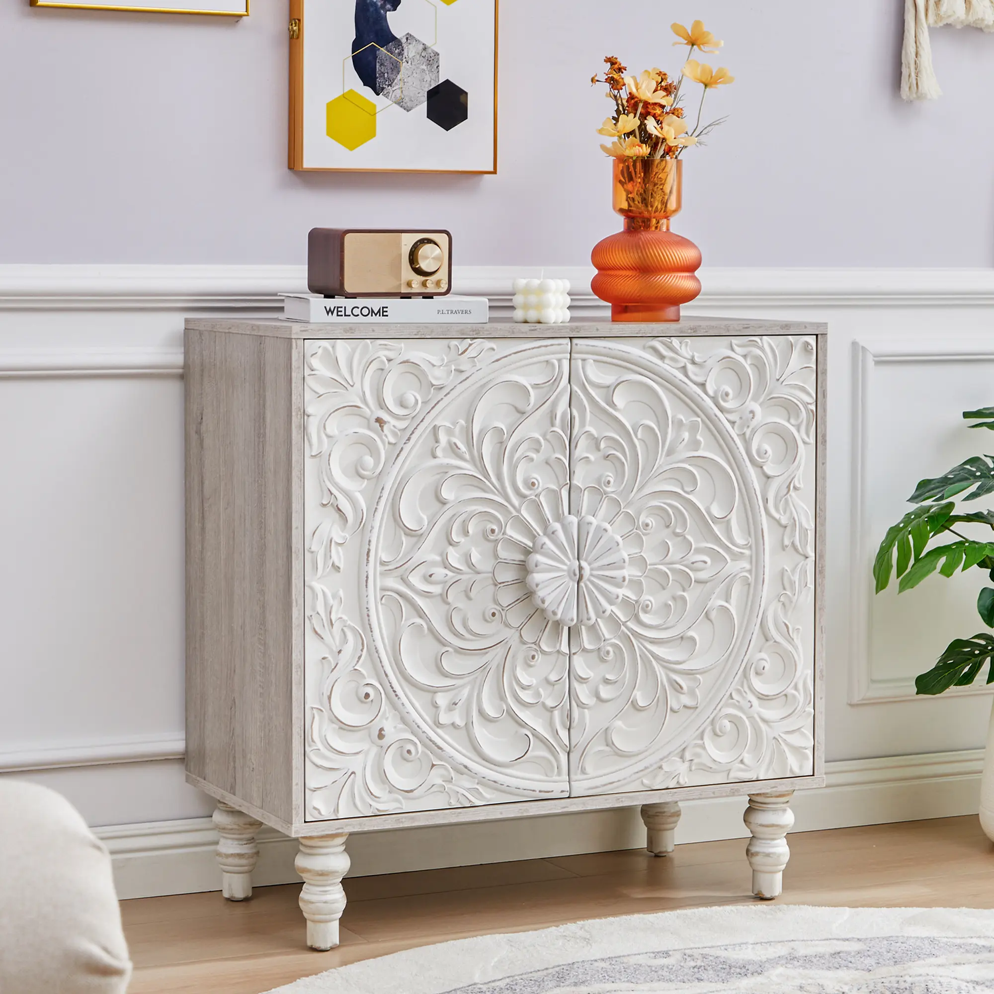 FurSch Vintage Farmhouse Accent Cabinet with 2 Floral Carved Doors, Distressed Wood Storage Cabinet, French Country Sideboard Buffet Cabinet for Living Room, Entryway, Hallway & Dining Room