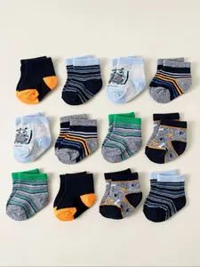 12 Pairs Animal Stripe Kids Socks, Soft Breathable Sporty Style, Suitable for Boys Aged 0-3, Daily Wear & Outdoor Activities