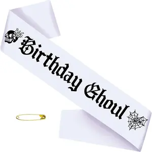 White Birthday Ghoul Sash with Black Glitter Printing Letters - Halloween Birthday Decorations,Cloth Goth Sash, Halloween birthday Sash