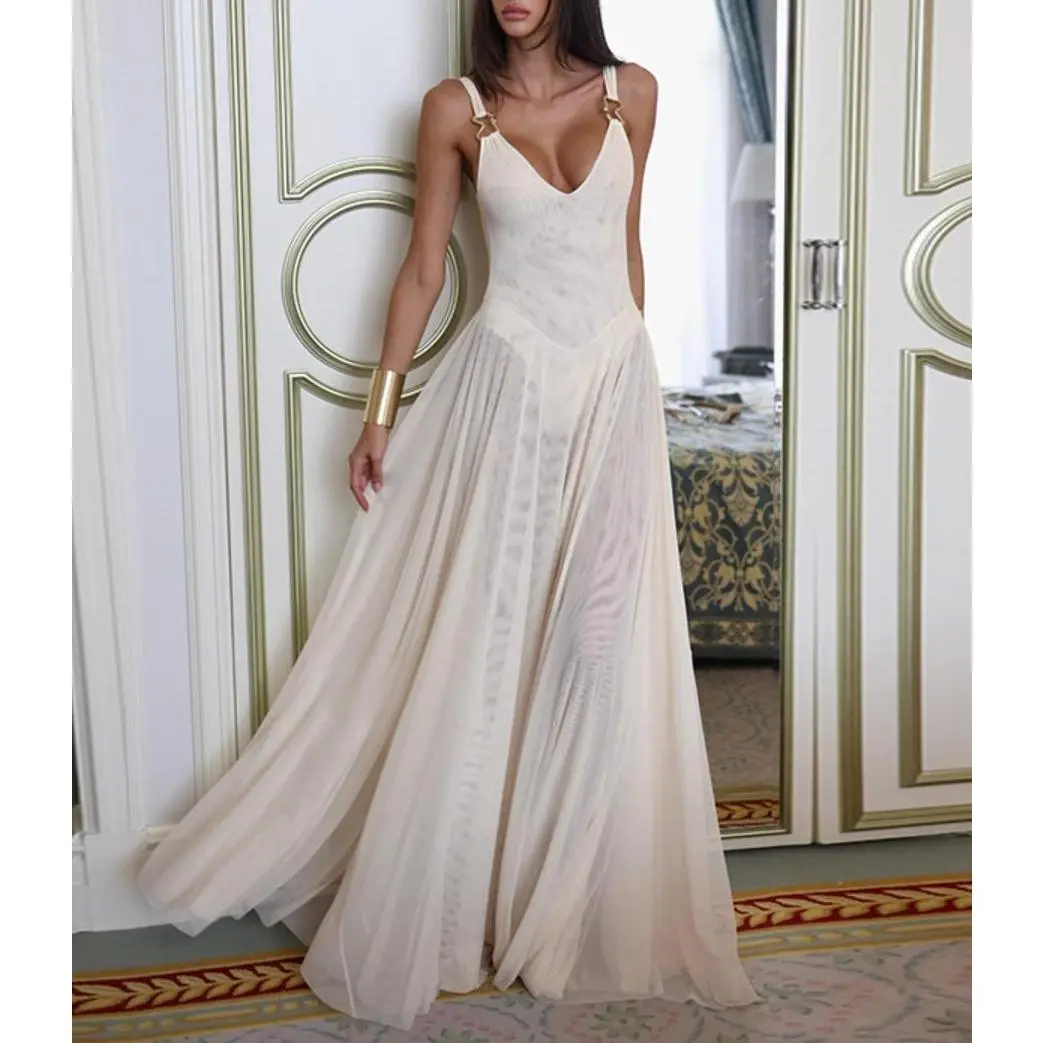Women's Plain Deep V Neck Tulle Cami Dress, Elegant Sleeveless Maxi Dress for Party Holiday Wedding Guest, Ladies Summer Clothes, Brunch Dresses