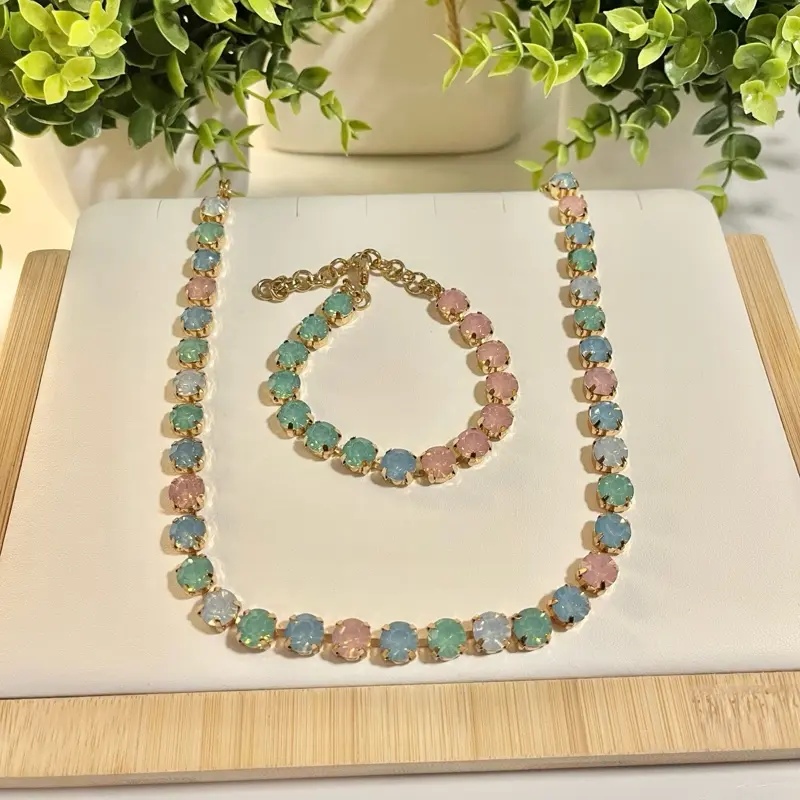 Micki Handmade Pastel Multicolored Jewel Candy Vibes 3-Piece Costume Jewelry Set, Delicate Beads, Gold-Tone Chain Earrings, Metal-Coated Chain Necklace & Bracelet