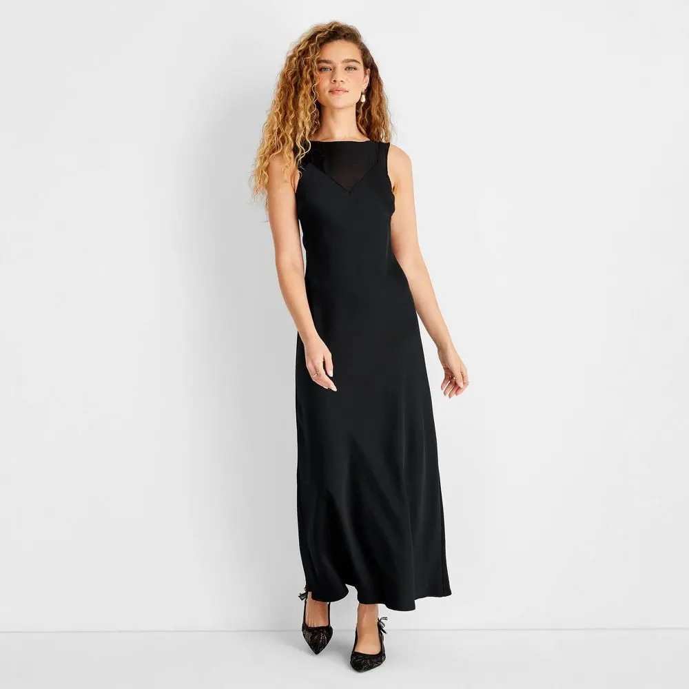Women's Sleeveless Mixed Media Ankle Slip Dress - Future Collective Black L