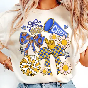 Cheer Coquette Shirt, Blue Gold Cheer Mom Shirt Design, Cheerleading T-Shirt, Preppy Cheerleader Coquette Bow Sweatshirt, Cheer Season Tee