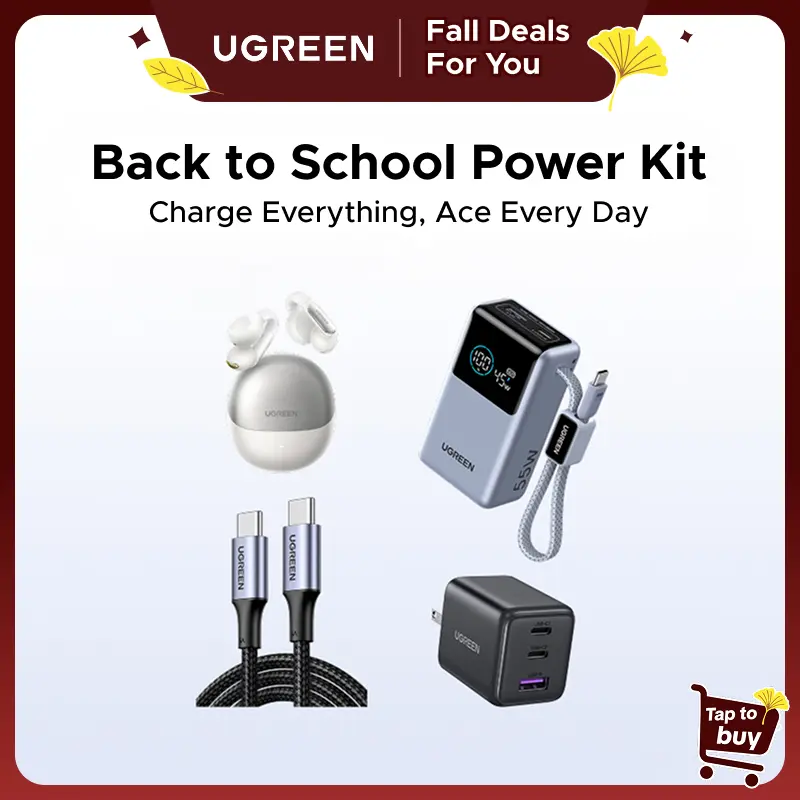 UGREEN Back to School Travel Essentials Power Kit Bundle - 10000mAh 45W Power Bank, S5 Open-Ear Bluetooth Headset, 30W 2C1A Charger, 100W 3.3FT USB-C to USB-C Cable,tiktokshopfalldealsforyou
