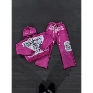 Harajuku Streetwear Two-Piece Set – Retro Hip Hop Punk Patch Print Loose Zipper Hoodie & Casual Sports Pants  and Women