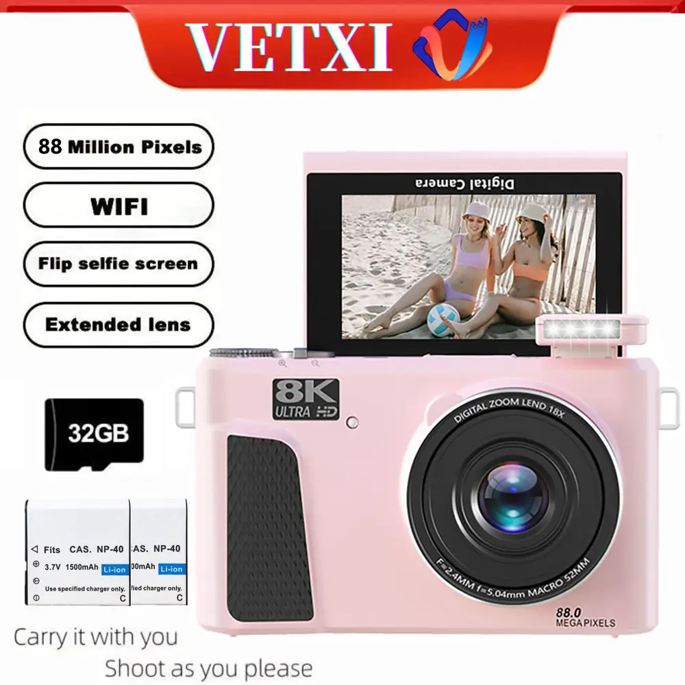 VETXI-30 Chargeable Pink 8K Point & Shoot Digital Camera - 88MP LED WiFi MP4 Video Camera for YouTube, 3.0-in 180° Flip Screen, Autofocus, 18x Digital Zoom, 32GB SD Card, Cable Included