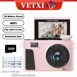 VETXI-30 Chargeable Pink 8K Point & Shoot Digital Camera - 88MP LED WiFi MP4 Video Camera for YouTube, 3.0-in 180° Flip Screen, Autofocus, 18x Digital Zoom, 32GB SD Card, Cable Included