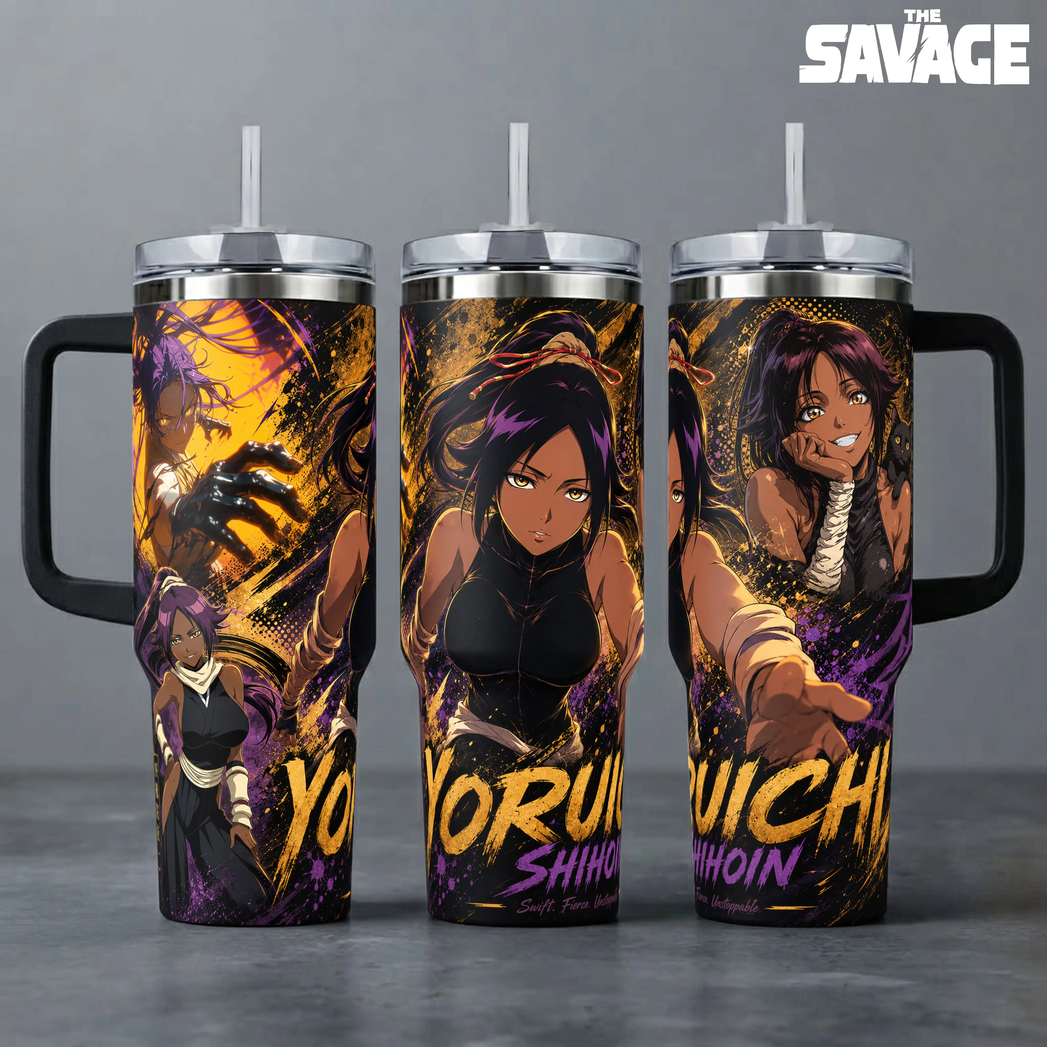 Yoruichi Bleach Anime Tumbler, 20oz & 40oz Insulated Travel Mug with Handle & Straw, Swift Goddess Art Cup, Shonen Manga Fan Merchandise