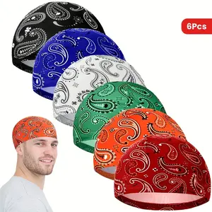 6pcs Sweat-Wicking Men's Cooling Skull Caps - Paisley Pattern, Breathable Beanie Helmet Liners For Cycling &Running, Multicolor