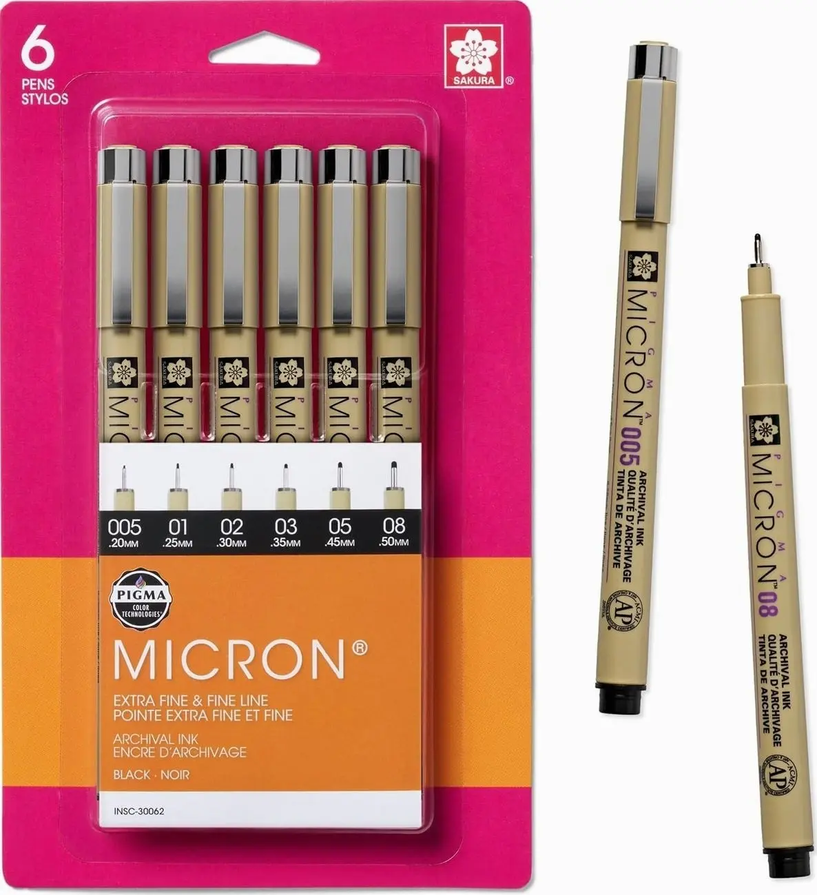 SAKURA Pigma Micron Fineliner Pens, Black, Assorted Points, 6 Pack
