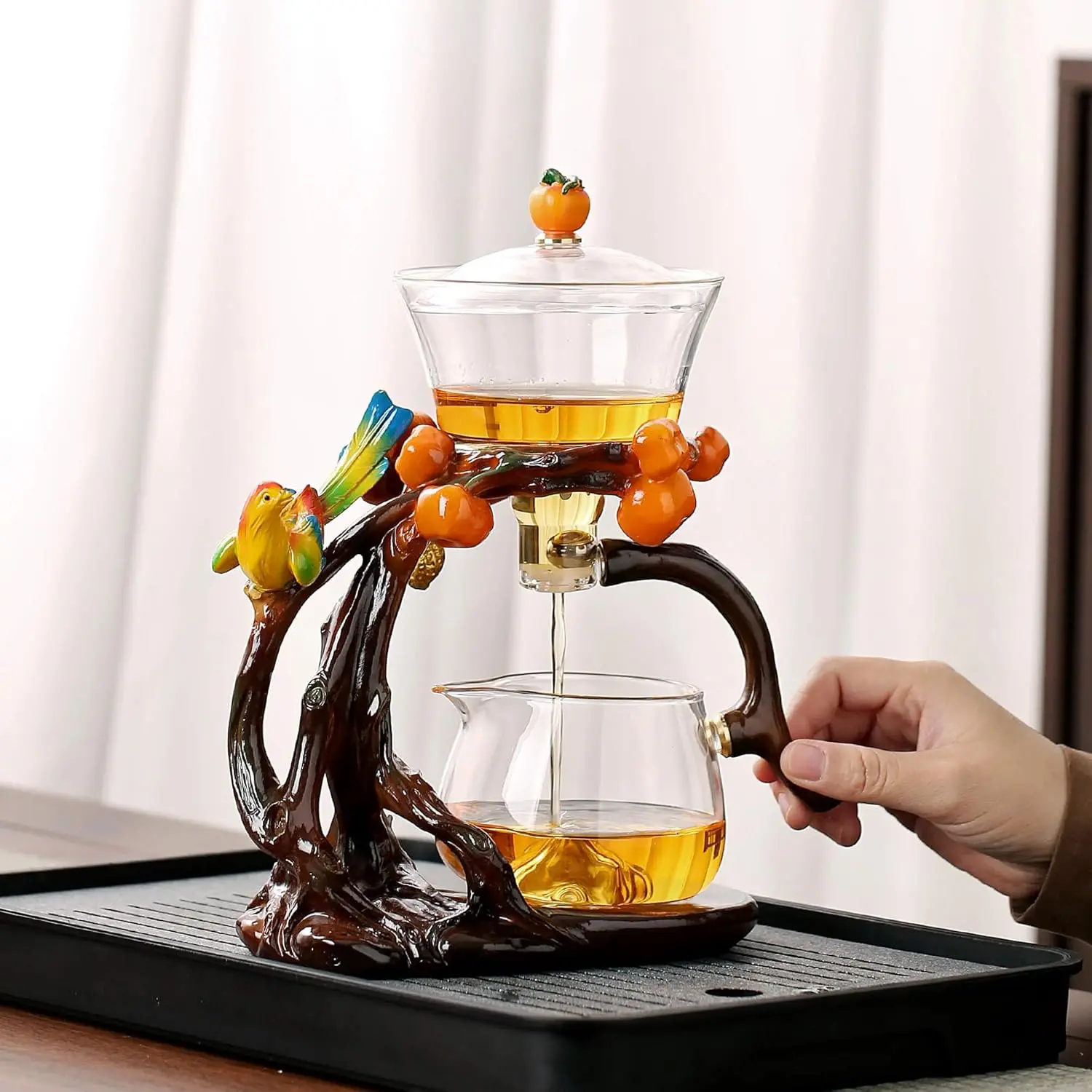 Bird-Orange Glass Kungfu Teapot Set with Semi-Automatic Teacups, Removable Stainless Steel Leaf Infuser, Filtering Bag Compatibility, Fruit Tea Use, Ideal for Office Tea Making, Party Gifting, Tea Bags, Happy Birthday