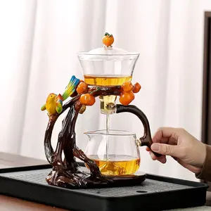 Glass Kungfu Teapot Set Tea maker with Infuser Semi Automatic Tea Set (Bird-orange)