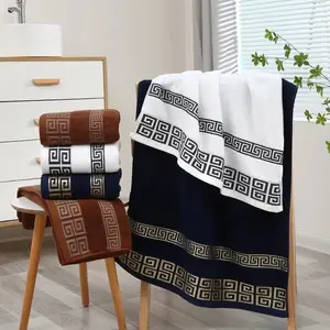 Luxury 3 Piece 100% Egyptian Cotton Bathroom Towel Set with Greek Border Design 70x140 Soft Absorbent for Everyday Use and Gifting extra large bale Quick Striped Microfiber Exfoliating Shower