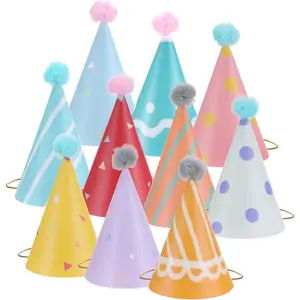 10 PCS Birthday Party Hats for Kids Adults, Colorful Cone Hat Decorations with Pom Poms for Toddler Girls Boys Shower, Fun Party, Photo Props, Memorable Celebrations