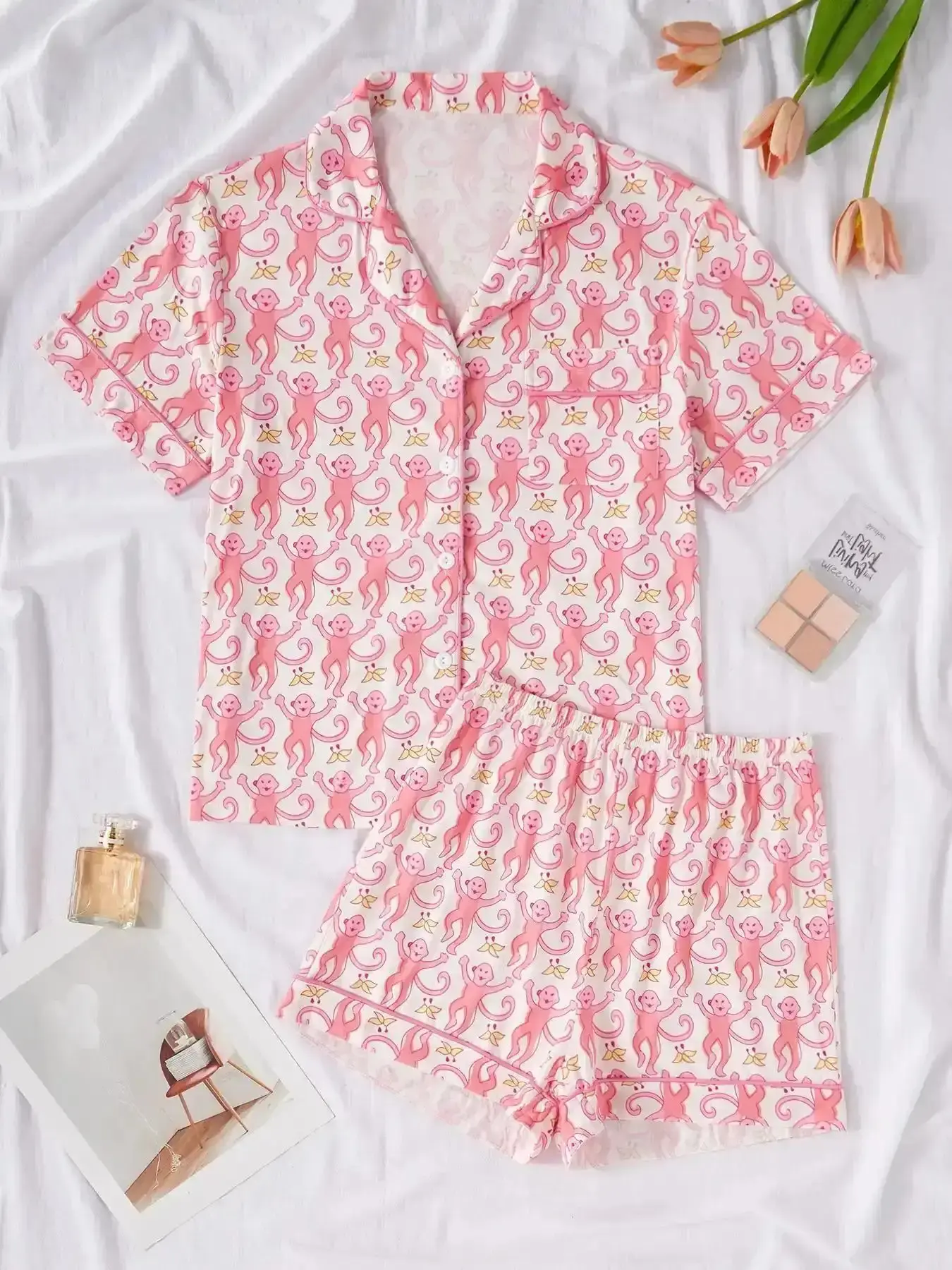 Women's Monkey Print Pajama Set Soft Breathable Animal Pattern Short Sleeve Buttoned Shorts Casual Wear Loungewear Spring and Fall Pyjamas Womenswear Pjs Nightwear warm weather casual comfort quick dry closet staple